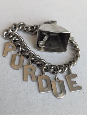 Purdue Charm Bracelet w/ Cow Bell – Silver Tone Chain